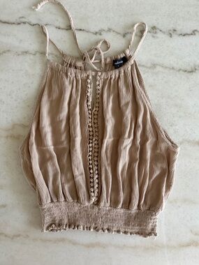 Wilson Neutral Beige Crochet-Trim Halter Smocked Crop Top